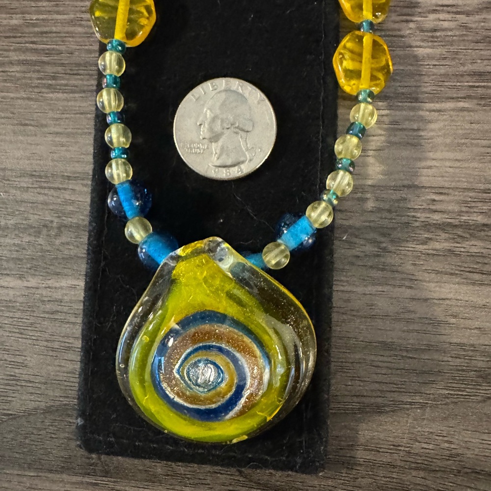Hand-made yellow and blue glass bead/pendant necklace, 16”